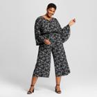 Women's Plus Size Floral Print Bell Sleeve Jumpsuit - Ava & Viv Black/white