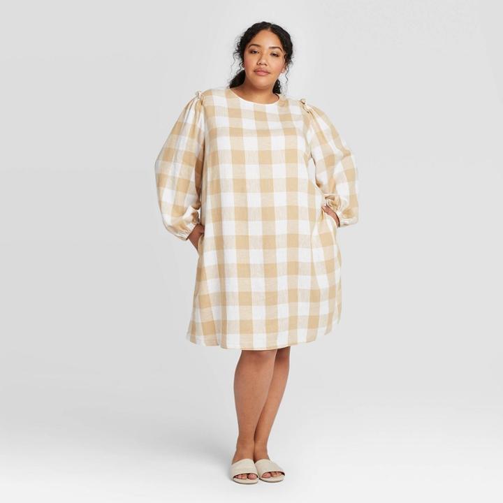 Women's Plus Size Plaid Balloon Long Sleeve Dress - Who What Wear Beige 1x, Women's,