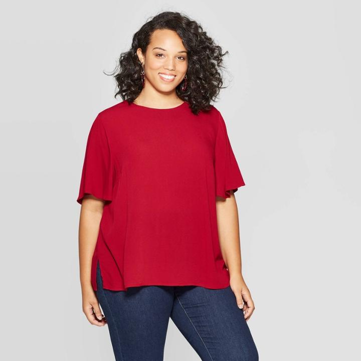 Women's Plus Size Flutter Short Sleeve Crewneck Top - Ava & Viv Red