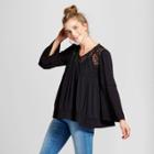 Women's Long Sleeve Embroidered Mesh Yoke Top - Knox Rose Black