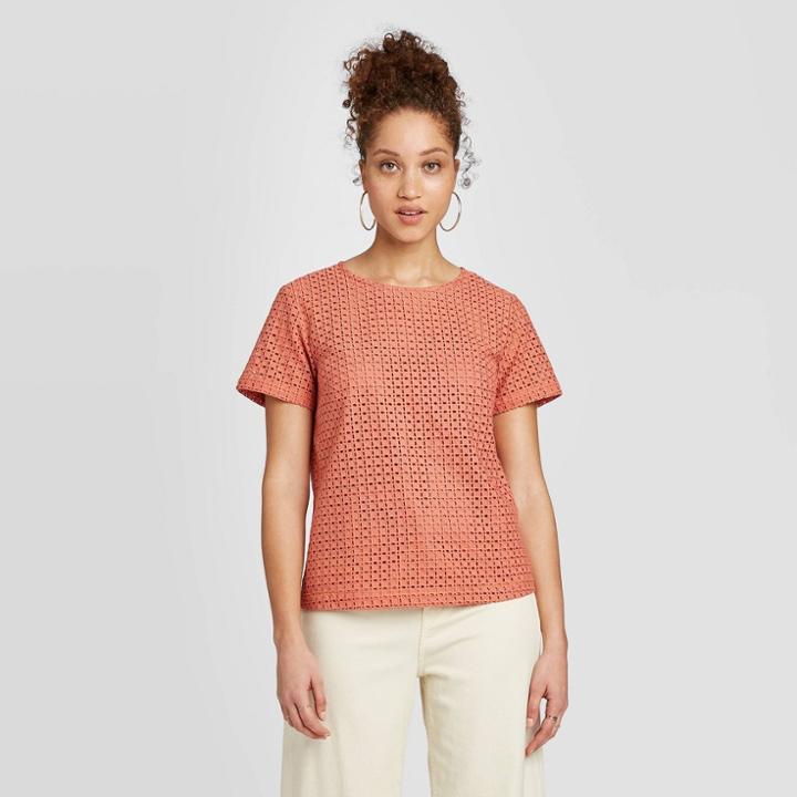 Women's Short Sleeve Eyelet Top - A New Day Pink
