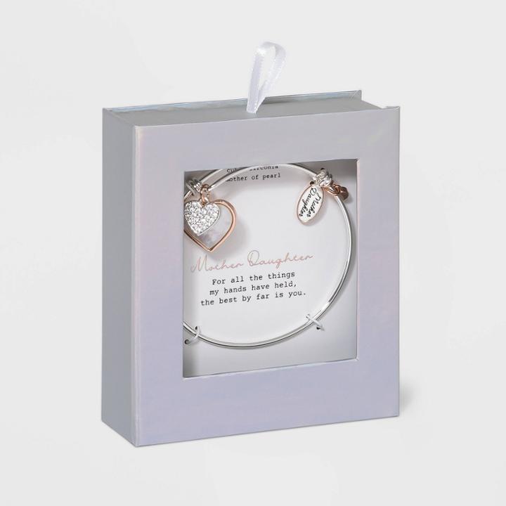 No Brand Stainless Steel Mother Daughter Pearl Cubic Zirconia Heart Bangle Bracelet - Rose Gold