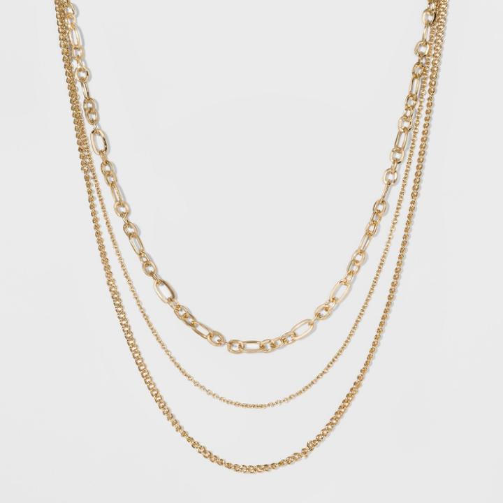 3 Row Steel, Shiny Boyfriend Chain Necklace - Wild Fable Bright Gold