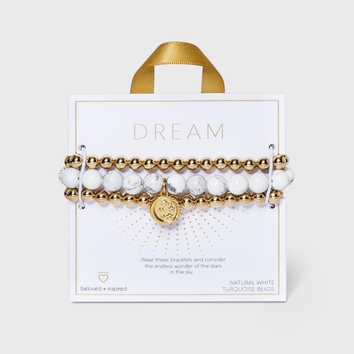 Beloved + Inspired Gold Howlite With Celestial Charm Trio Stretch Bead Bracelet
