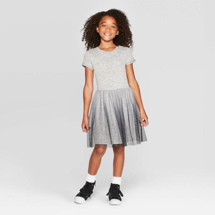 Petitegirls' Short Sleeve Stripe Cozy Dress - Cat & Jack Gray L, Girl's,