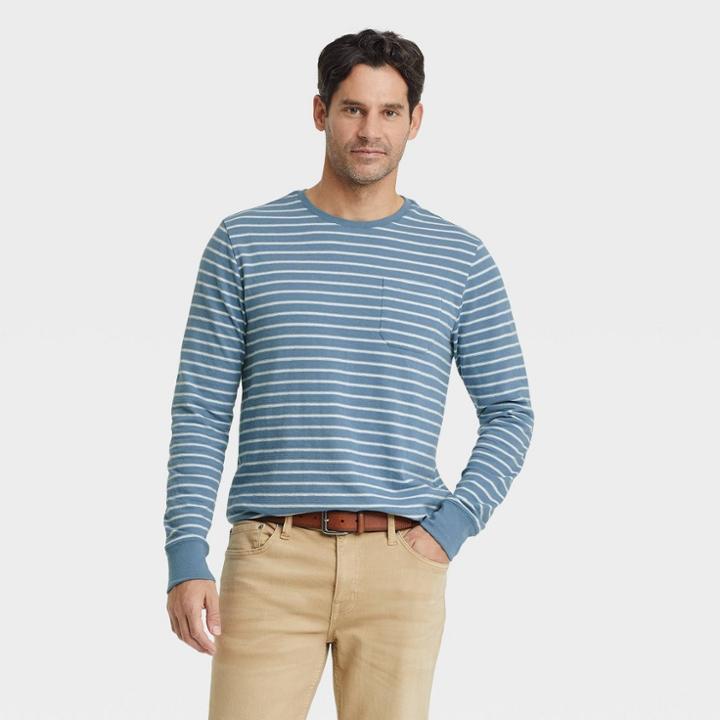 Men's Printed Standard Fit Crewneck Long Sleeve T-shirt - Goodfellow & Co Blue/jacquard