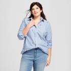 Women's Plus Size Button-down With Floral Embroidery Long Sleeve Blouse - Ava & Viv Blue/white