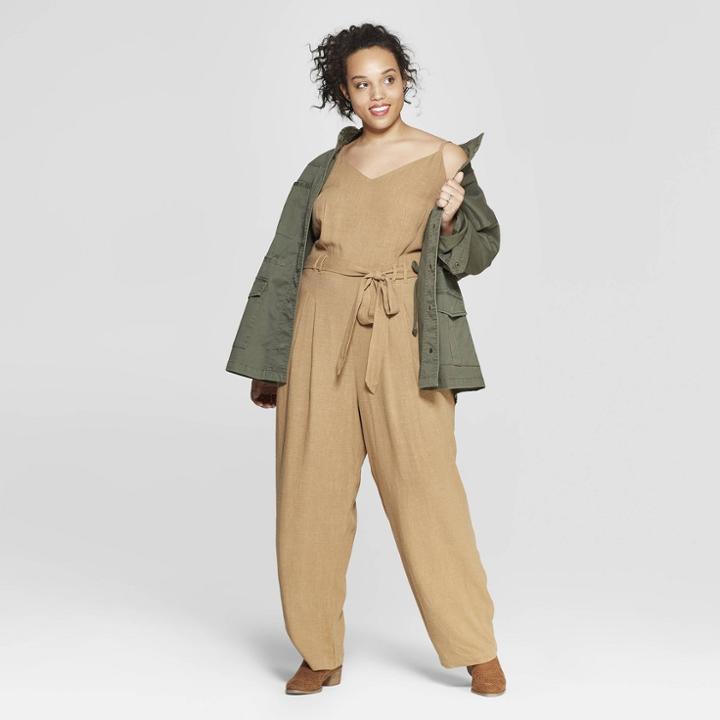 Women's Plus Size Sleeveless V-neck Belted Jumpsuit - Universal Thread Tan
