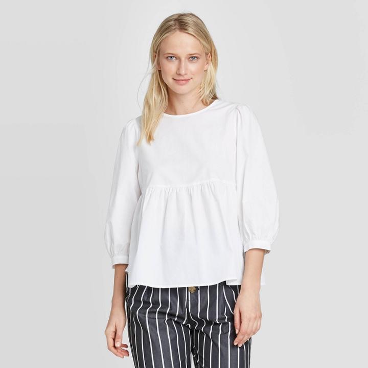 Women's Puff 3/4 Sleeve Boat Neck Peplum Blouse - Who What Wear White
