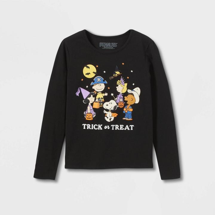 Girls' Peanuts 'trick Or Treat' Halloween Long Sleeve Graphic T-shirt - Black