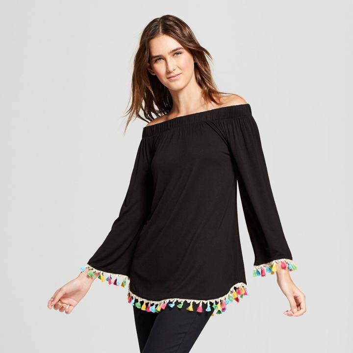 Women's Long Sleeve Off The Shoulder Tassel Trim Blouse - Alison Andrews Black