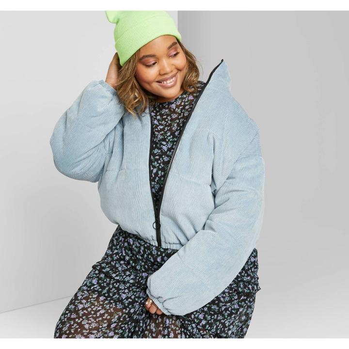 Women's Plus Size Corduroy Zip-up Puffer Jacket - Wild Fable Teal 1x, Women's, Size: