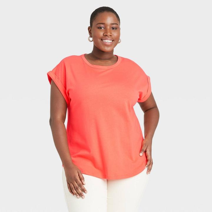 Women's Plus Size Striped Round Neck Cuffed T-shirt - Ava & Viv Coral X, Pink