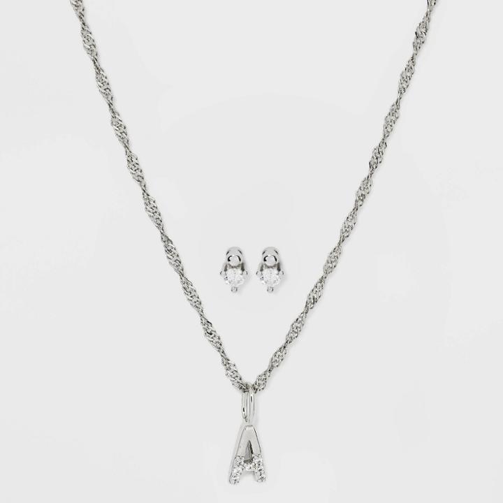 Silver Plated Cubic Zirconia 'a' Initial Earring And Pendant Necklace Set - A New Day