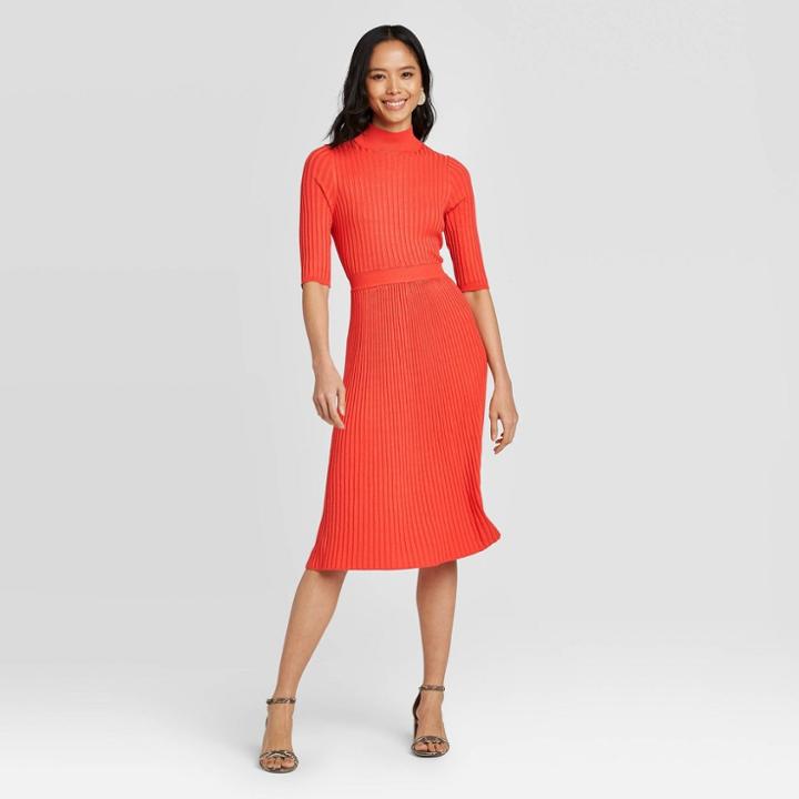 Women's Elbow Sleeve Crewneck Flat Rib Dress - Who What Wear Red