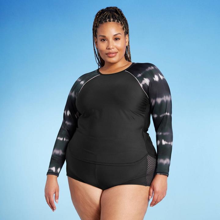 Women's Plus Size Long Sleeve Crewneck Rashguard - All In Motion Black & White Tie-dye Print