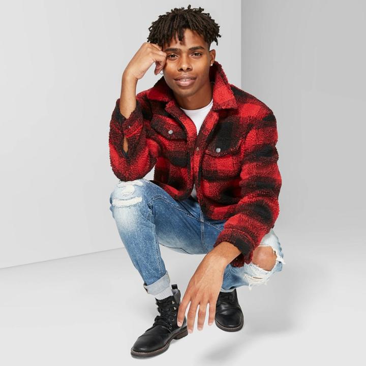 Men's Plaid Sherpa Trucker Jacket - Original Use Majesty Red M,