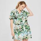 Women's Jurassic Park Plus Size Short Sleeve Tropical Print Tie Front Cropped Blouse (juniors') Green/white 1x,