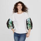 Women's Jurassic Park Bell Sleeve Tropical Print Peasant Top (juniors') White