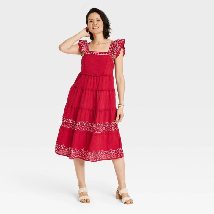 Women's Ruffle Short Sleeve Embroidered Tiered A-line Dress - Knox Rose Red