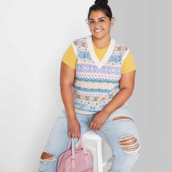 Women's Plus Size V-neck Printed Sweater Vest - Wild Fable Almond Fair Isle 1x, Brown Fair Isle