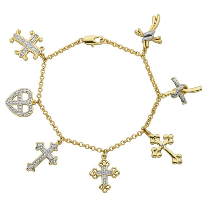 Prime Art & Jewel Yellow Gold And Fine Silver Plated 2-tone Bronze Diamond Accent Cross Charm Bracelet,