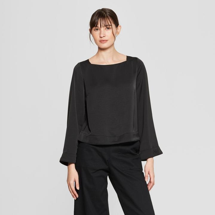 Women's Long Sleeve Wide Square Neck Blouse - Prologue Black