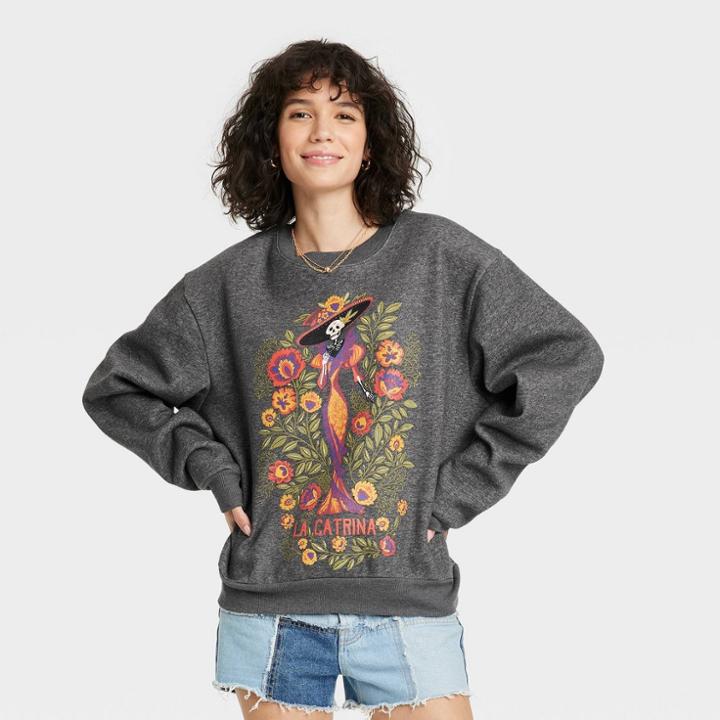 Jerry Leigh Women's Dia De Los Muertos Floral Celebration Graphic Sweatshirt - Charcoal Gray