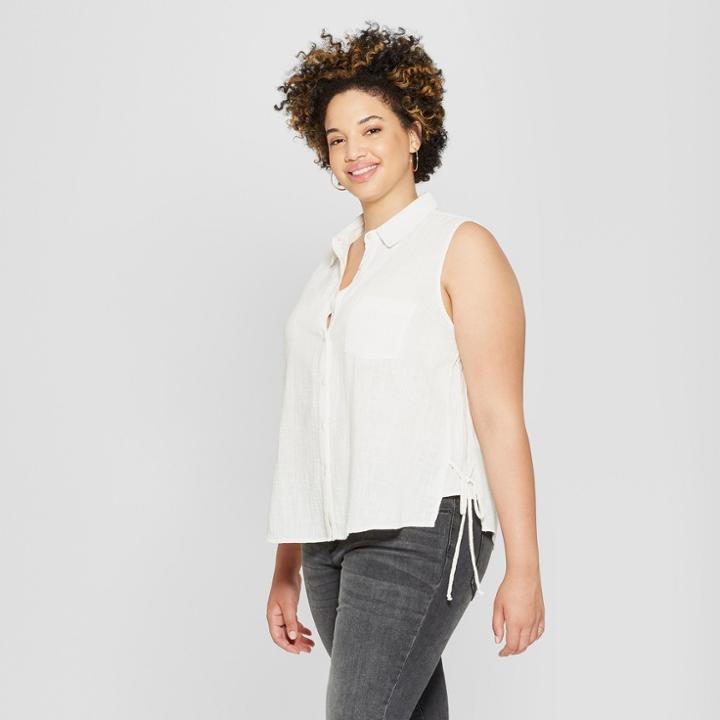 Women's Plus Size Side Tie Button Front Tank - Universal Thread Ivory