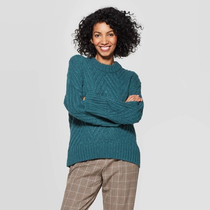 Women's Long Sleeve Crewneck Chevron Stitch Pullover Sweater - A New Day Blue
