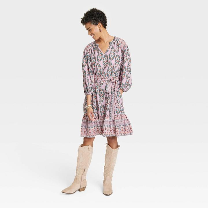 Women's 3/4 Sleeve A-line Dress - Knox Rose Pink Paisley