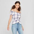 Women's Plaid Short Sleeve Ruched Front Smocked Top - Almost Famous (juniors') Blue
