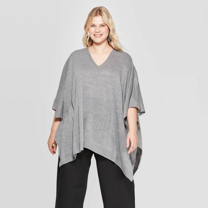 Women's Plus Turtleneck Pullover Poncho Wrap Jacket - A New Day Medium Heather Gray One Size, Women's