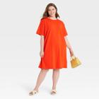 Women's Plus Size Elbow Sleeve Knit T-shirt Dress - A New Day Orange