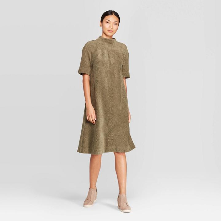 Women's Elbow Sleeve Mock Turtleneck Corduroy Dress - Prologue Olive