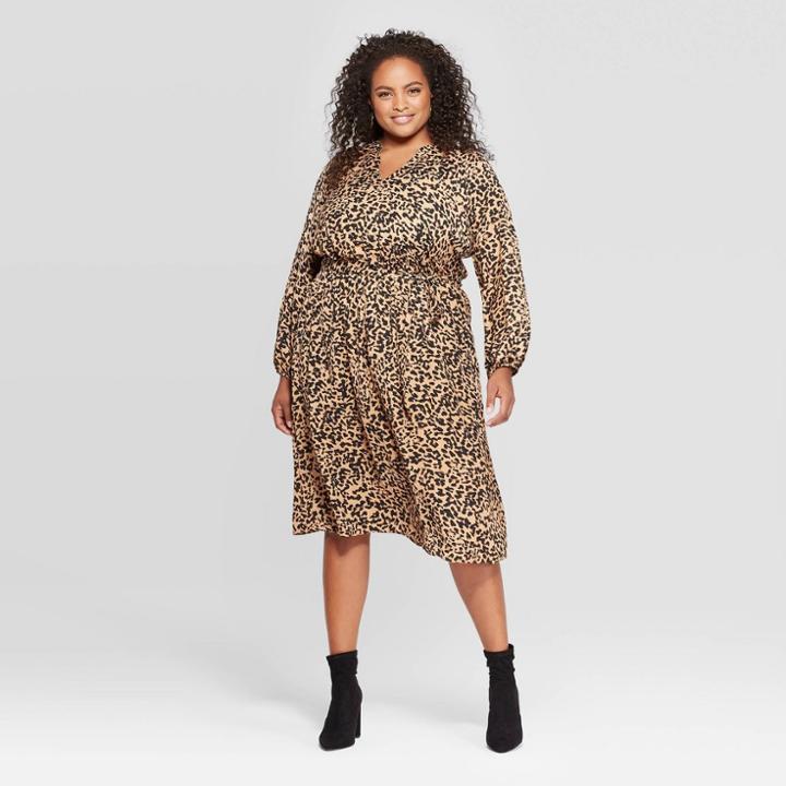 Women's Plus Size Leopard Print Long Sleeve Midi Dress - Ava & Viv Brown 4x, Women's, Size: