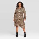 Women's Plus Size Leopard Print Long Sleeve Midi Dress - Ava & Viv Brown 4x, Women's, Size:
