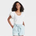 Women's Ruffle Short Sleeve Scoop Neck Mixed Media T-shirt - A New Day White