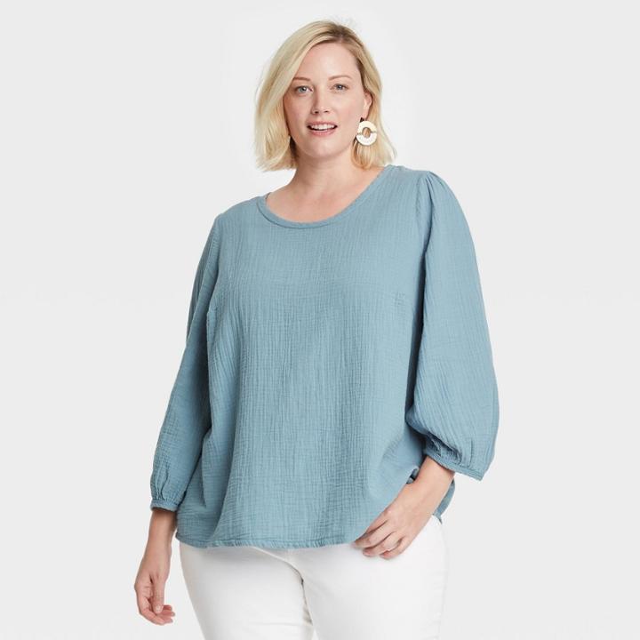 Women's Plus Size Balloon 3/4 Sleeve Gauze Blouse - Universal Thread Blue