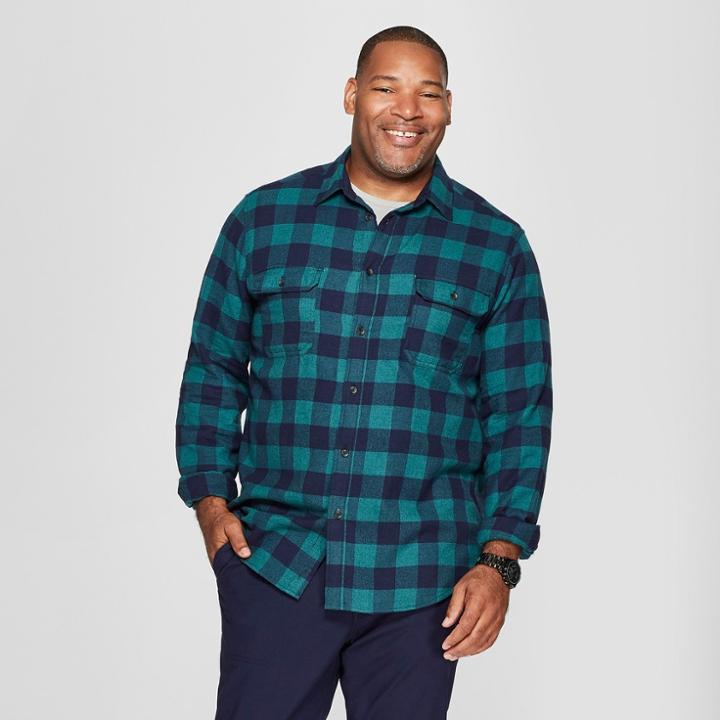 Men's Big & Tall Plaid Standard Fit Flannel Long Sleeve Button-down Shirt - Goodfellow & Co Emerald Green