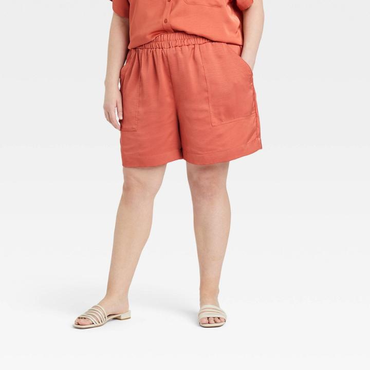 Women's Plus Size High-rise Satin Pull-on Shorts - A New Day Orange