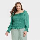 Women's Plus Size Puff Long Sleeve Slim Fit Smocked Top - A New Day Teal Green