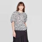 Women's Animal Print Puff Short Sleeve Crewneck Top With Contrast Stitch - Who What Wear Bella White
