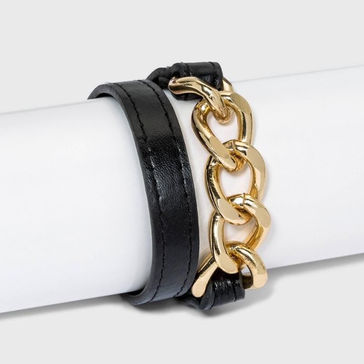 Faux Leather Bracelet With Chain Links - A New Day Black Gold