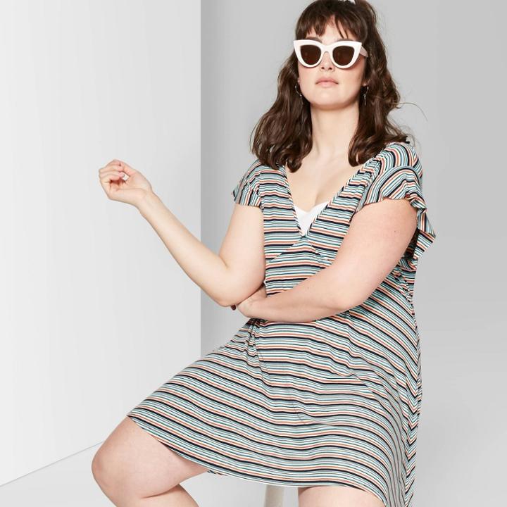 Women's Plus Size Striped Flutter Short Sleeve Deep V-neck Knit Dress - Wild Fable 2x,