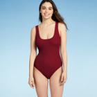 Women's Pucker Textured Bold Square Scoop Neck Medium Coverage One Piece Swimsuit - Kona Sol Burgundy