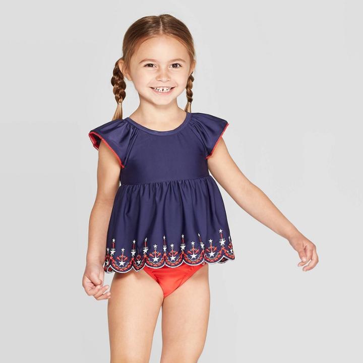 Petitetoddler Girls' Short Sleeve Eyelet Rash Guard Set - Cat & Jack Navy 2t, Girl's, Blue