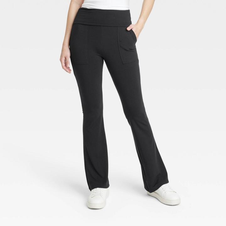 Women's Fold Over Waistband Flare Leggings With Pockets - A New Day Black