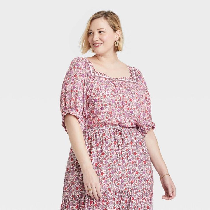 Women's Plus Size Short Sleeve Square Neck Shirt - Knox Rose Red Floral