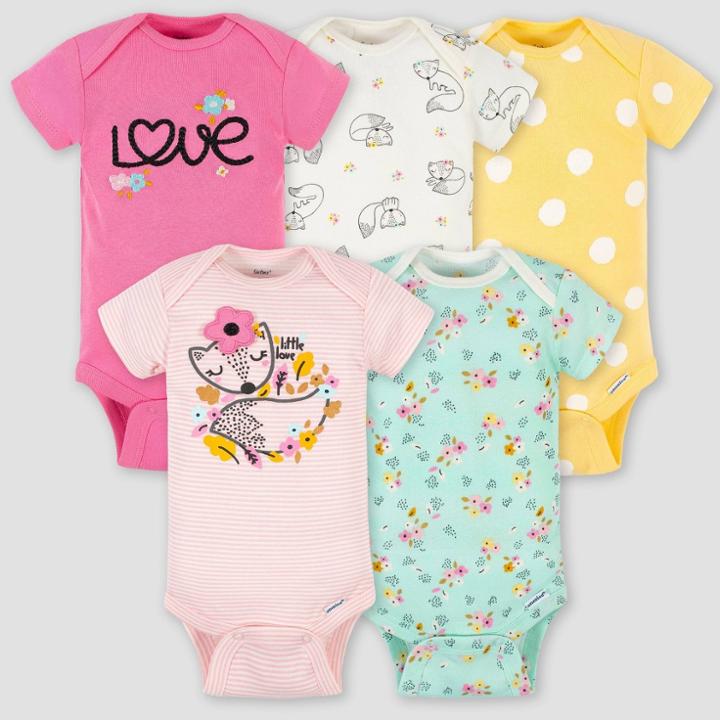 Gerber Baby Girls' 5pk Fox Short Sleeve Onesies - Pink/green/yellow